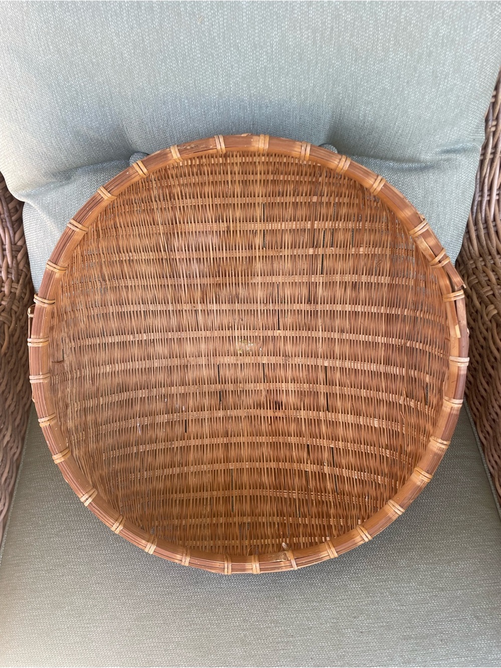 Vintage large round bottom fruit bamboo bowl winnowing